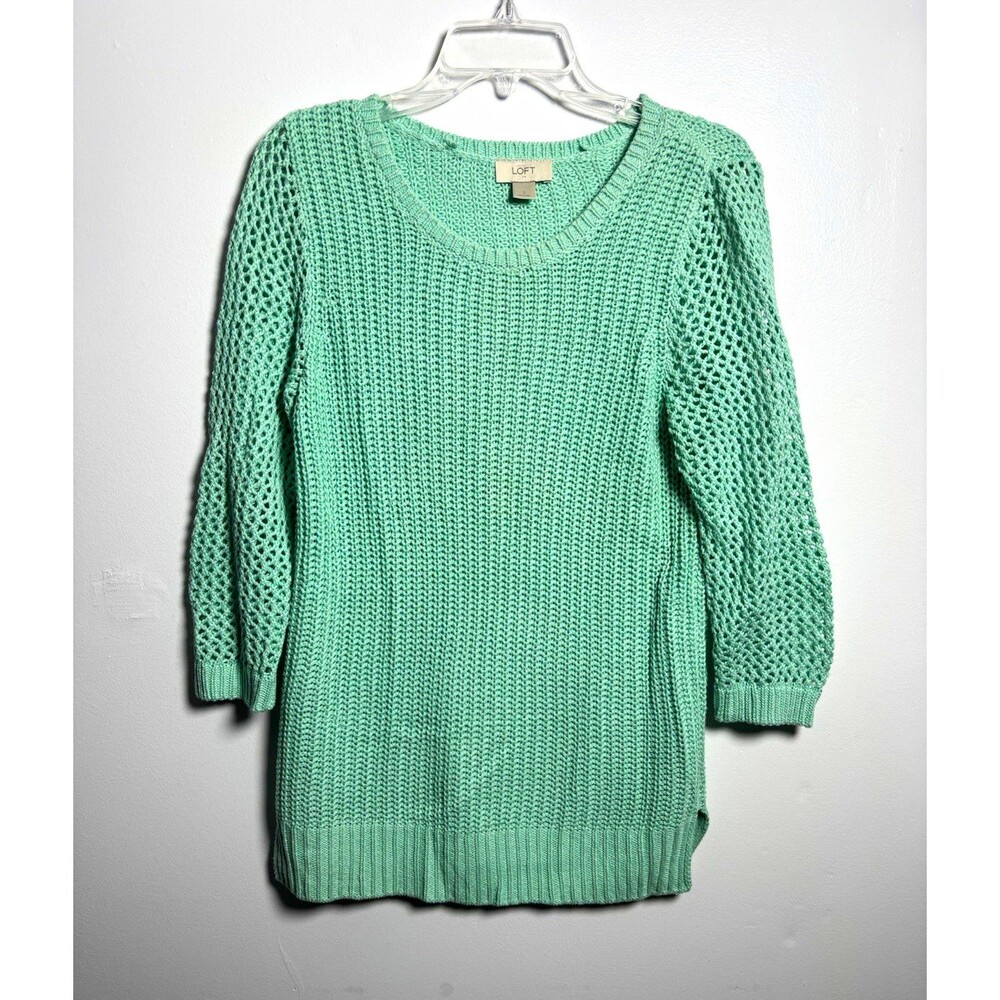 LOFT Women’s S Green Solid Open-Knit Cotton Scoop Neck 3/4 Sleeve Sweater